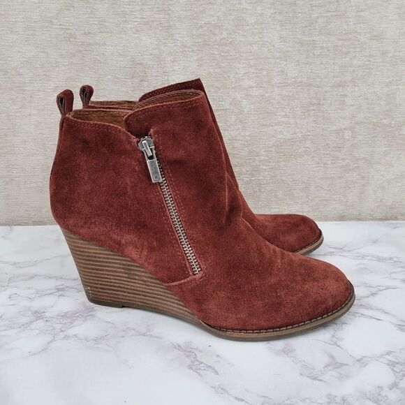 Lucky Brand Deep Red Suede Leather Wedge Ankle Bootie Women's Size 9M - Picture 1 of 14